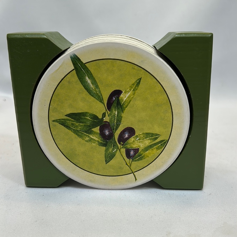 Sandstone Coasters with Olive Leaf Design and Green Wooden Holder-Set of 4